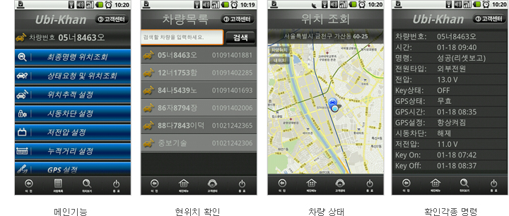 메인기능, 현 위치 확인, 차량 상태, 확인각종 명령