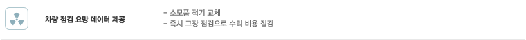 차량 점검 요망 데이터 제공 : 소모품 적기 교체, 즉시 고장 점검으로 수리 비용 절감